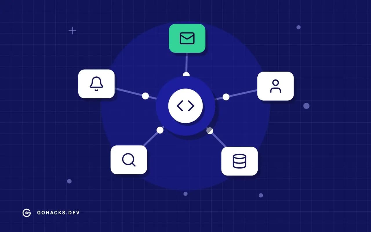 Flat illustration of a gateway connected to a ring of services.