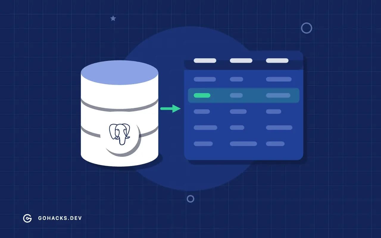 Flat illustration of a database beside the table it holds, with the PostgreSQL logo.