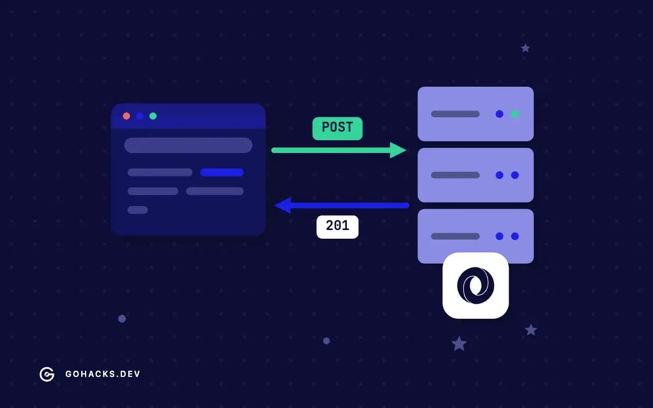 Flat illustration of a browser and a server trading a request and a response, with the JSON logo.