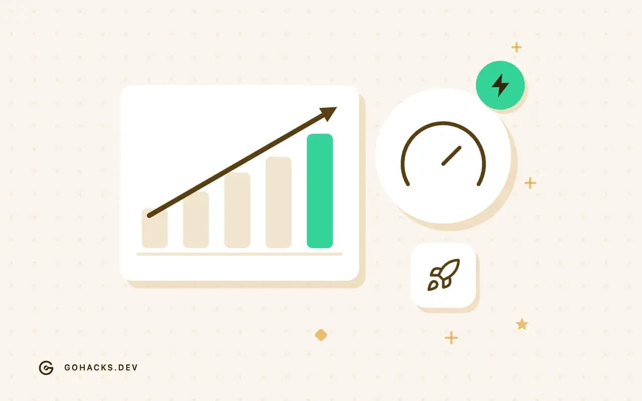 Flat illustration of a rising bar chart and a gauge.