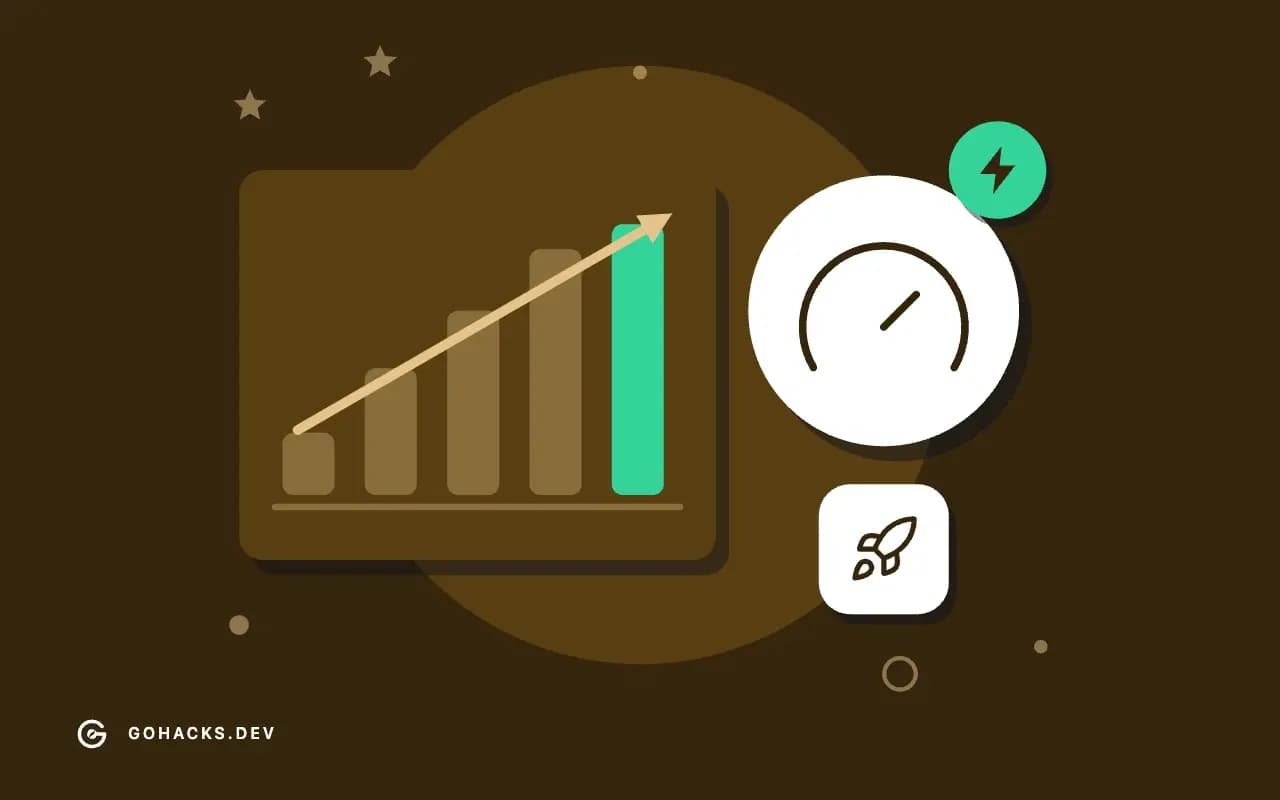 Flat illustration of a rising bar chart and a gauge.