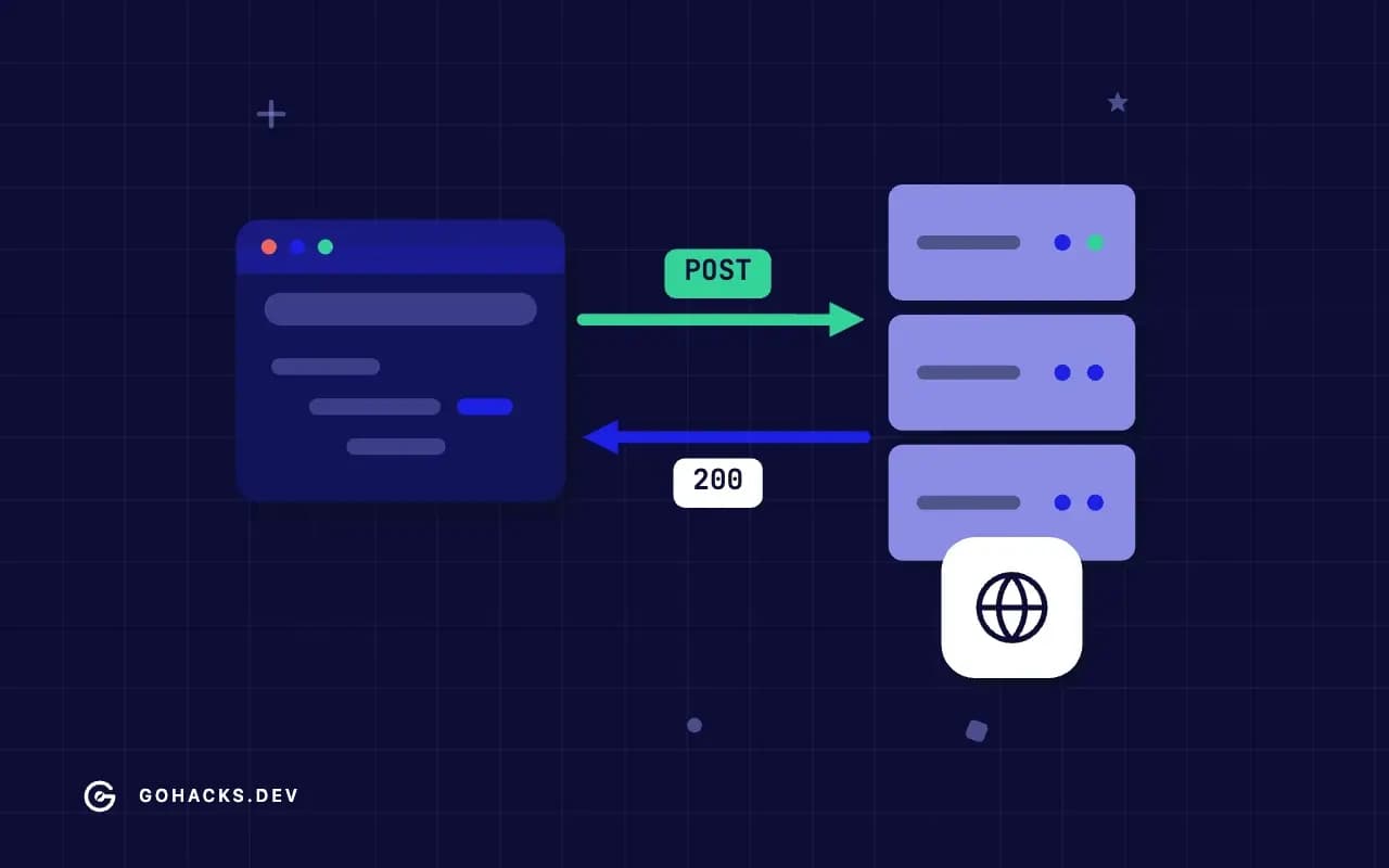 Flat illustration of a browser and a server trading a request and a response.