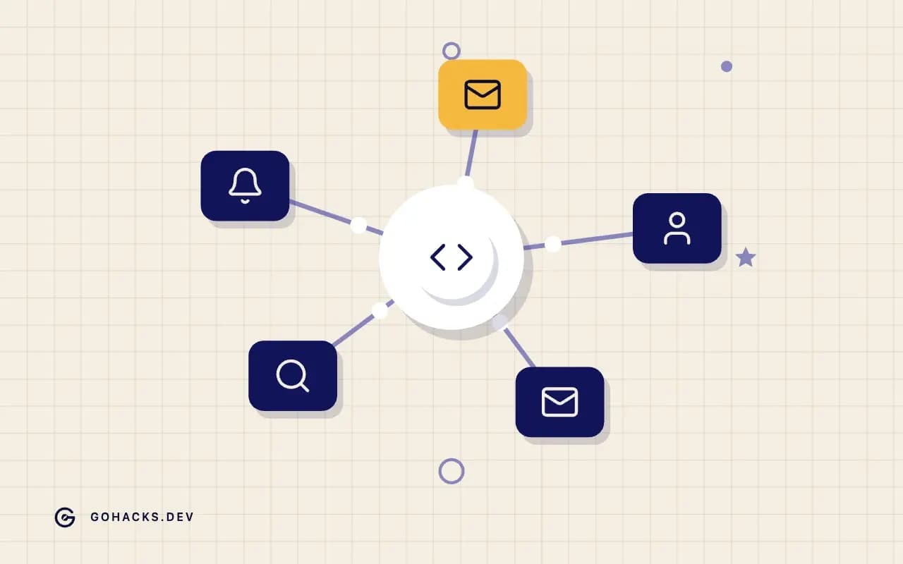 Flat illustration of a gateway connected to a ring of services.