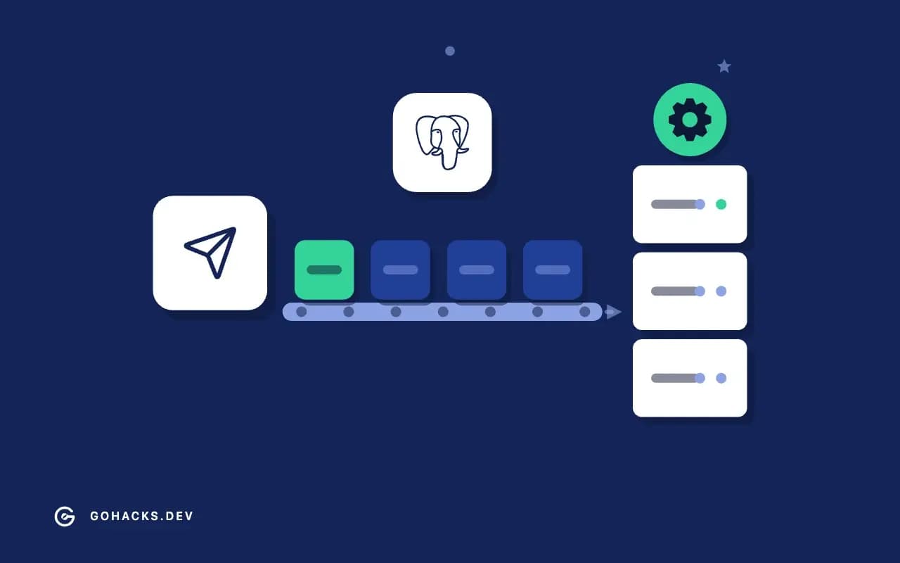 Flat illustration of jobs on a conveyor heading to a rack of workers, with the PostgreSQL logo.