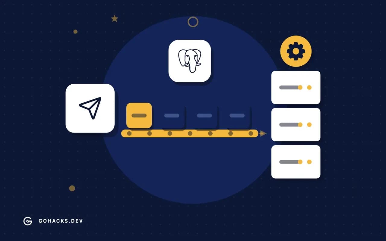Flat illustration of jobs on a conveyor heading to a rack of workers, with the PostgreSQL logo.