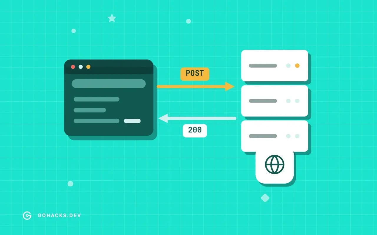 Flat illustration of a browser and a server trading a request and a response.