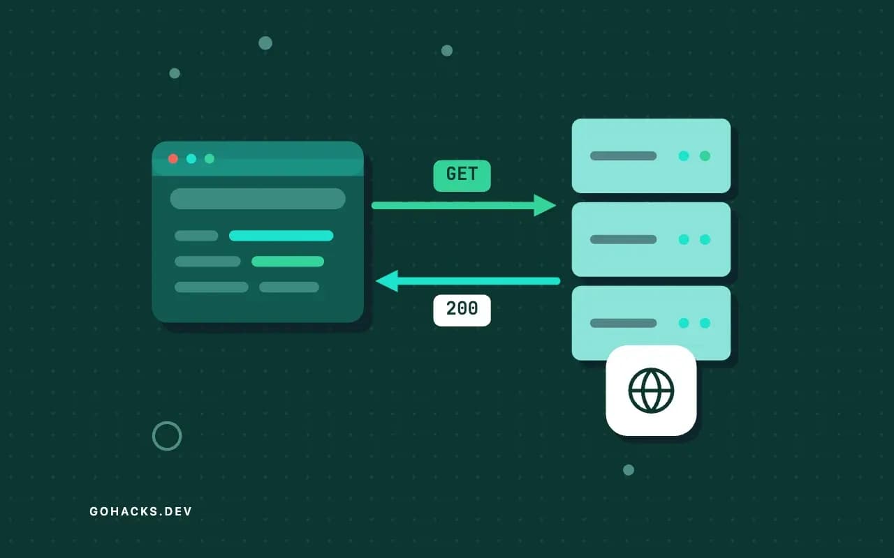 Flat illustration of a browser and a server trading a request and a response.