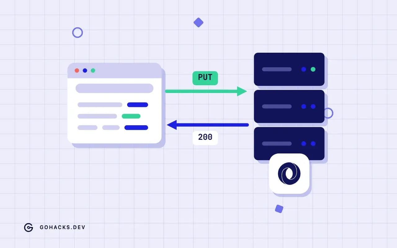 Flat illustration of a browser and a server trading a request and a response, with the JSON logo.