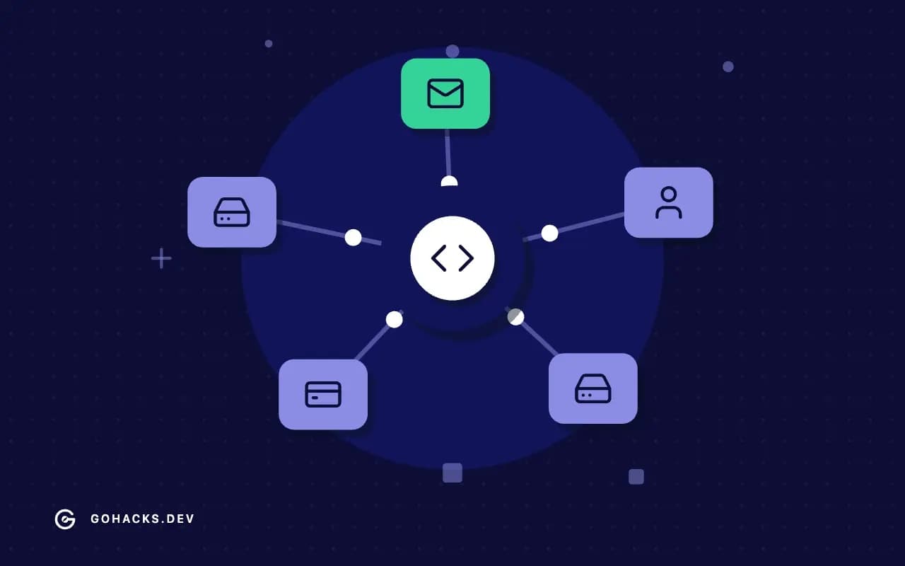 Flat illustration of a gateway connected to a ring of services.
