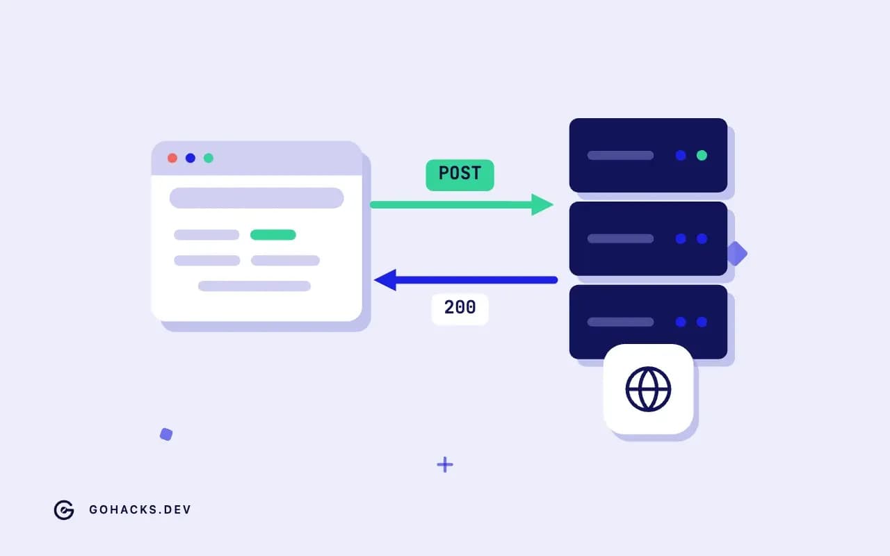 Flat illustration of a browser and a server trading a request and a response.