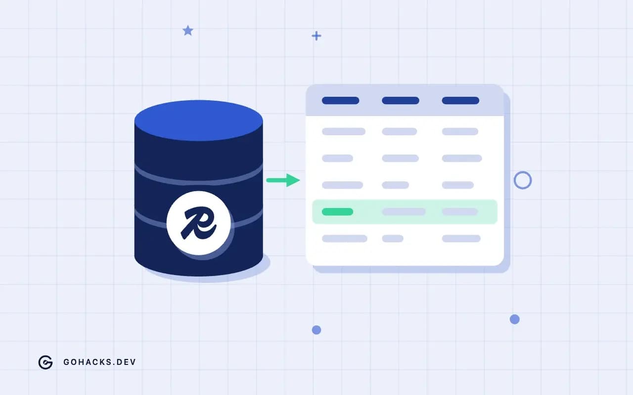 Flat illustration of a database beside the table it holds, with the Redis logo.