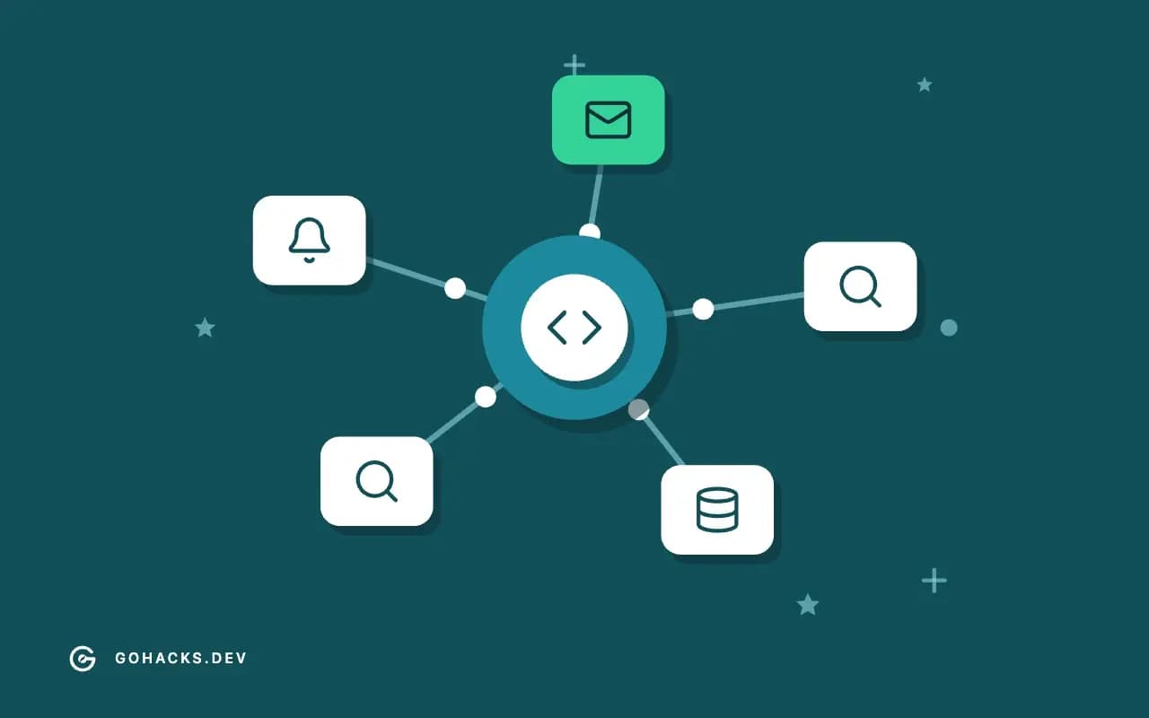 Flat illustration of a gateway connected to a ring of services.