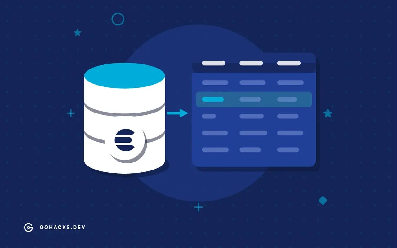 Flat illustration of a database beside the table it holds, with the Elasticsearch logo.