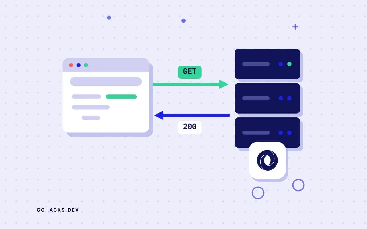 Flat illustration of a browser and a server trading a request and a response, with the JSON logo.