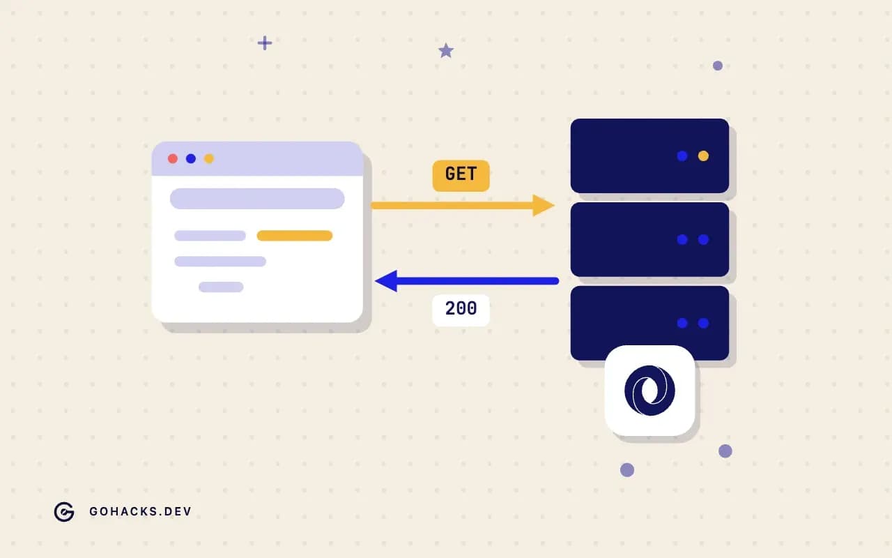 Flat illustration of a browser and a server trading a request and a response, with the JSON logo.