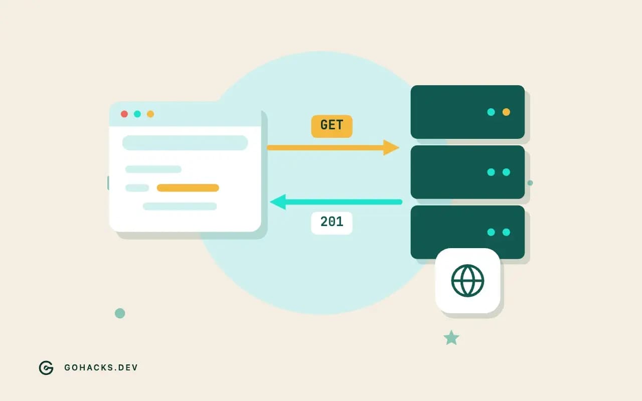 Flat illustration of a browser and a server trading a request and a response.