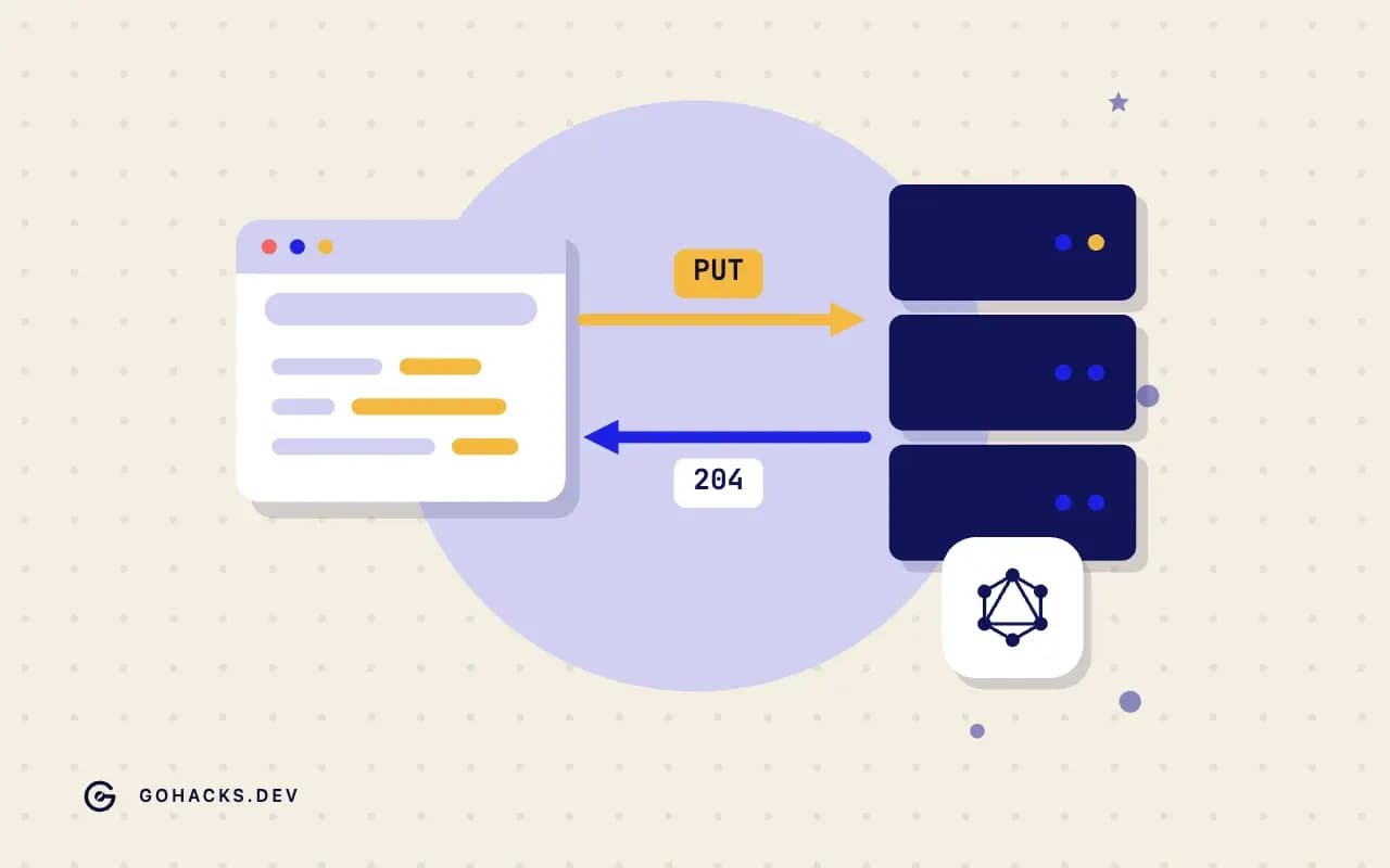 Flat illustration of a browser and a server trading a request and a response, with the GraphQL logo.