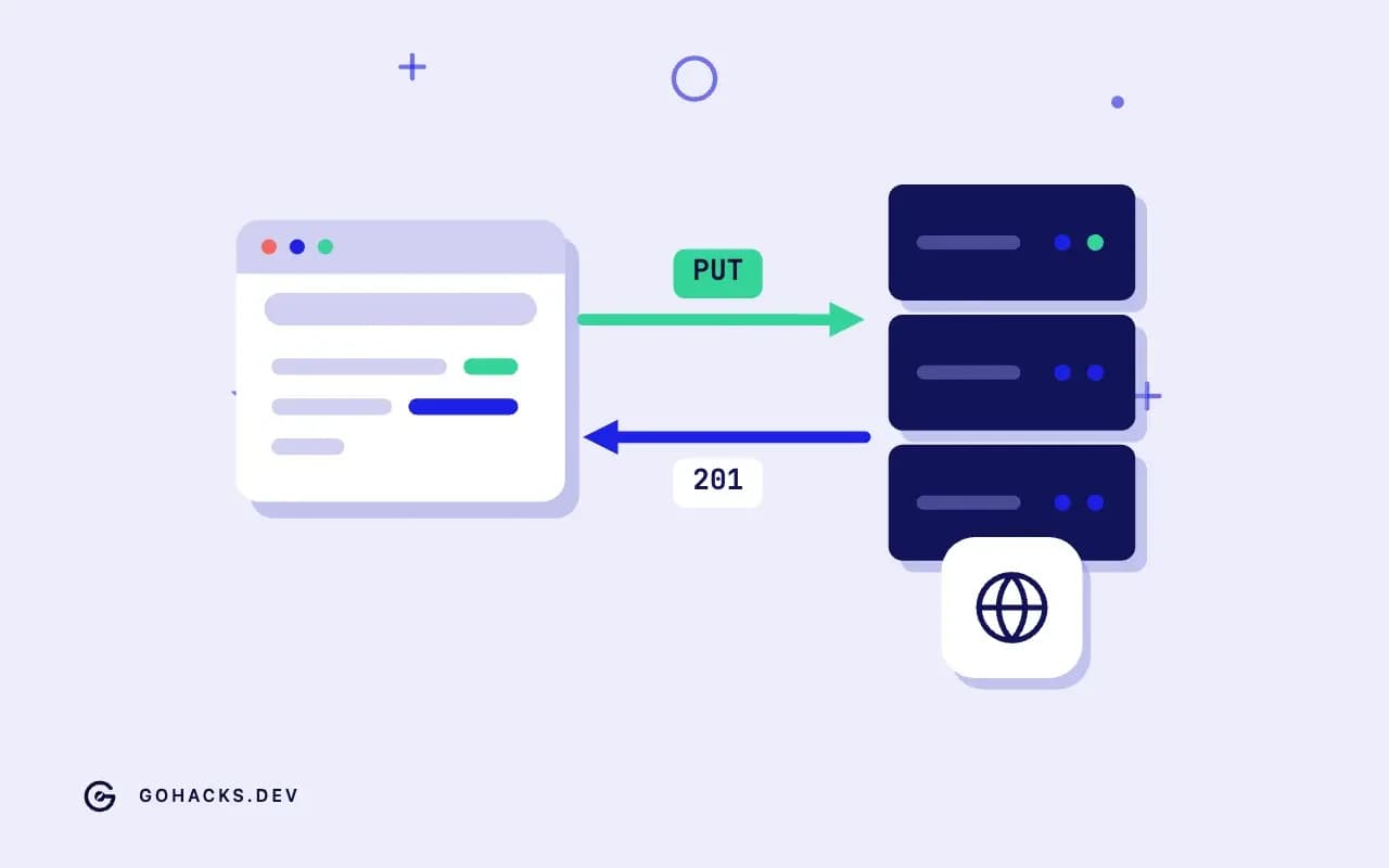 Flat illustration of a browser and a server trading a request and a response.