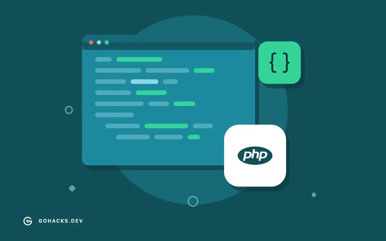 Flat illustration of an editor window full of code, with the PHP logo.