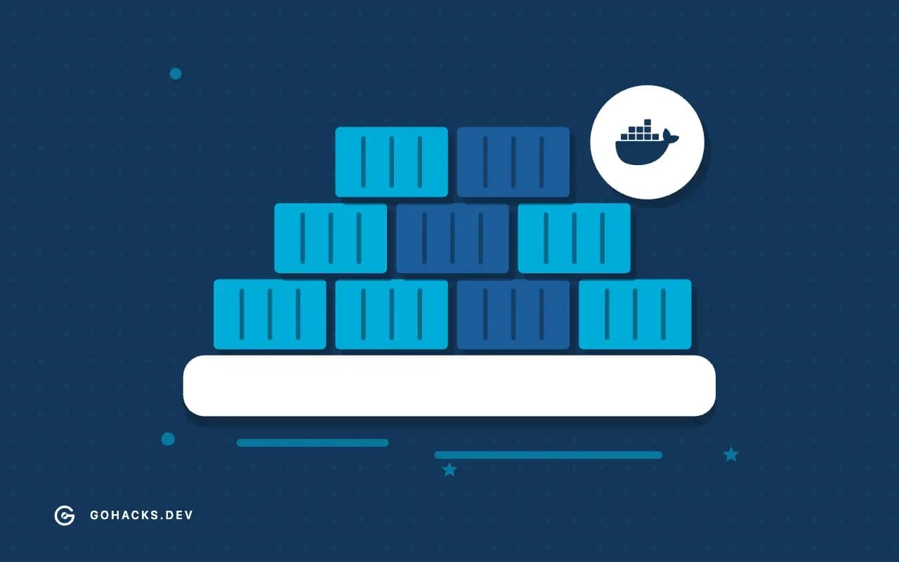 Flat illustration of shipping containers stacked on a ship, with the Docker logo.