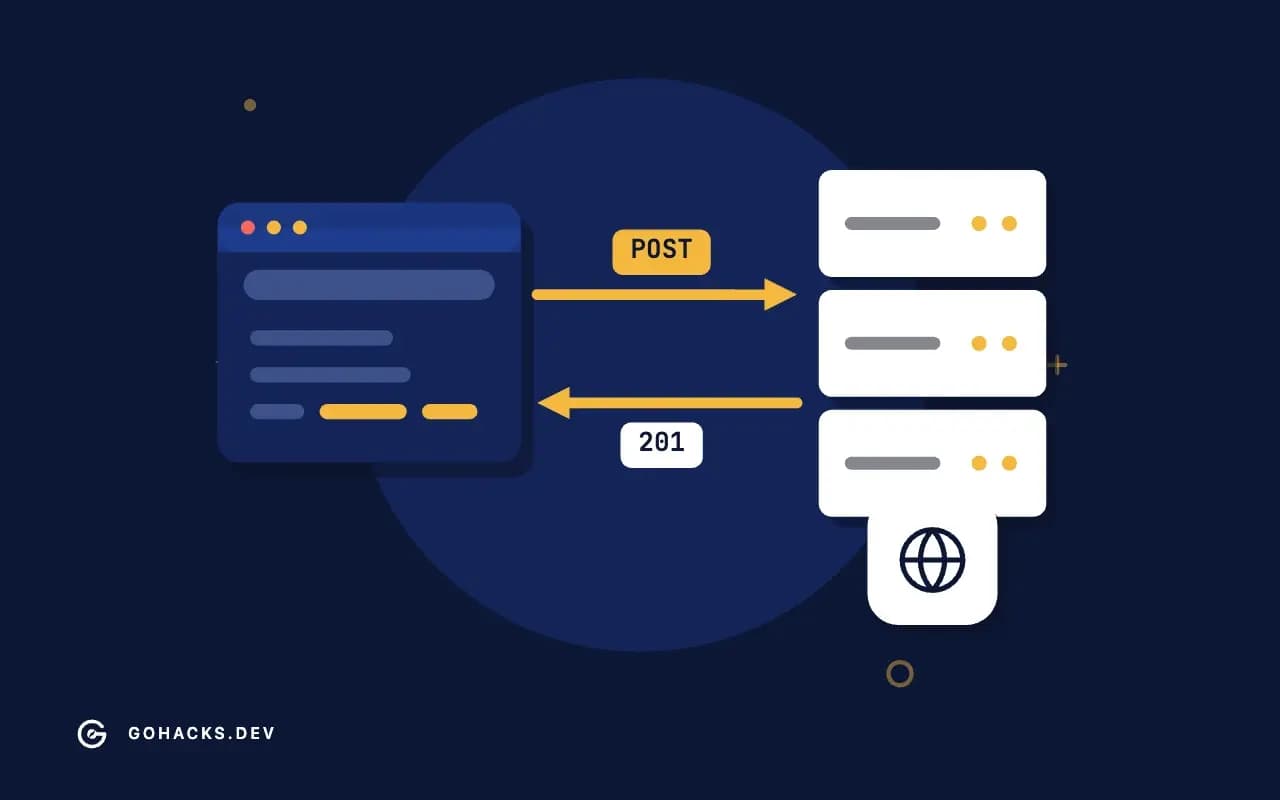 Flat illustration of a browser and a server trading a request and a response.