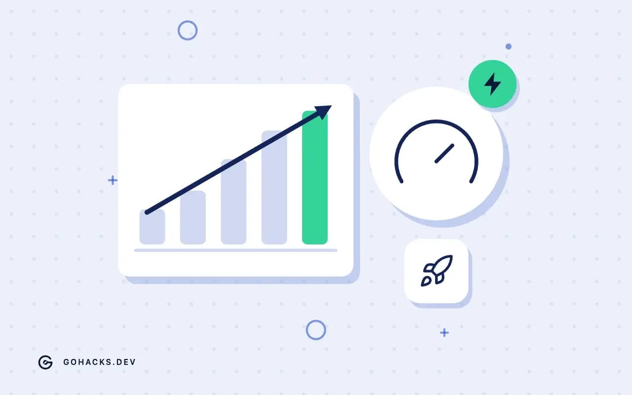 Flat illustration of a rising bar chart and a gauge.
