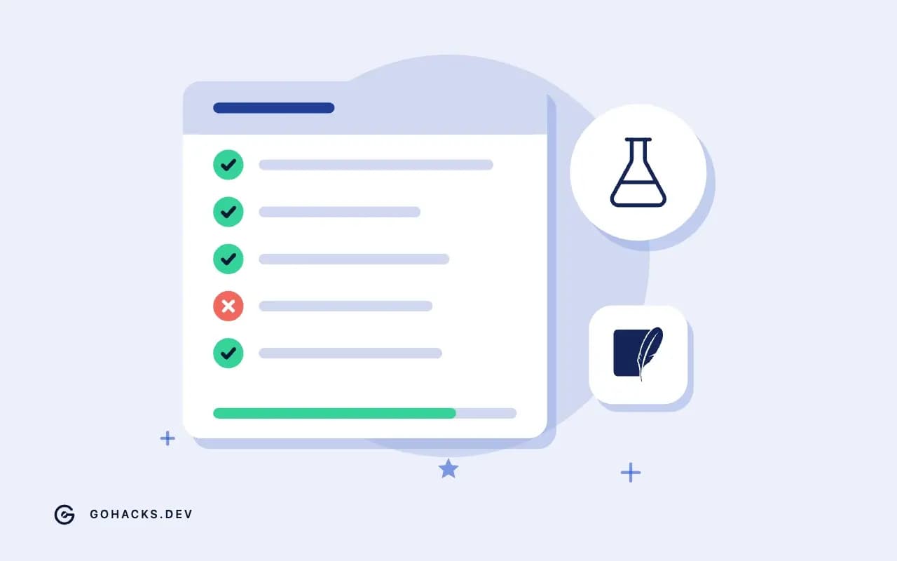 Flat illustration of a test report with one failing test, with the SQLite logo.