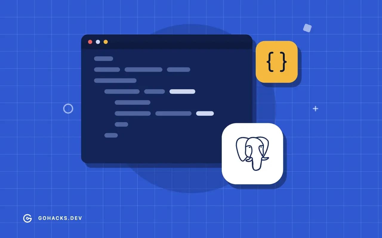 Flat illustration of an editor window full of code, with the PostgreSQL logo.