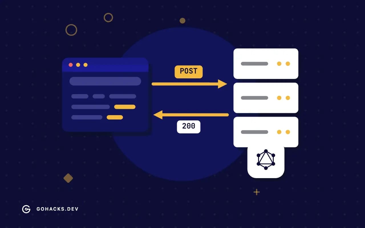 Flat illustration of a browser and a server trading a request and a response, with the GraphQL logo.