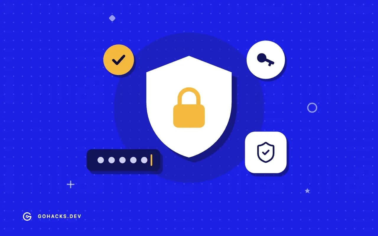 Flat illustration of a shield with a lock, a key and a password field.