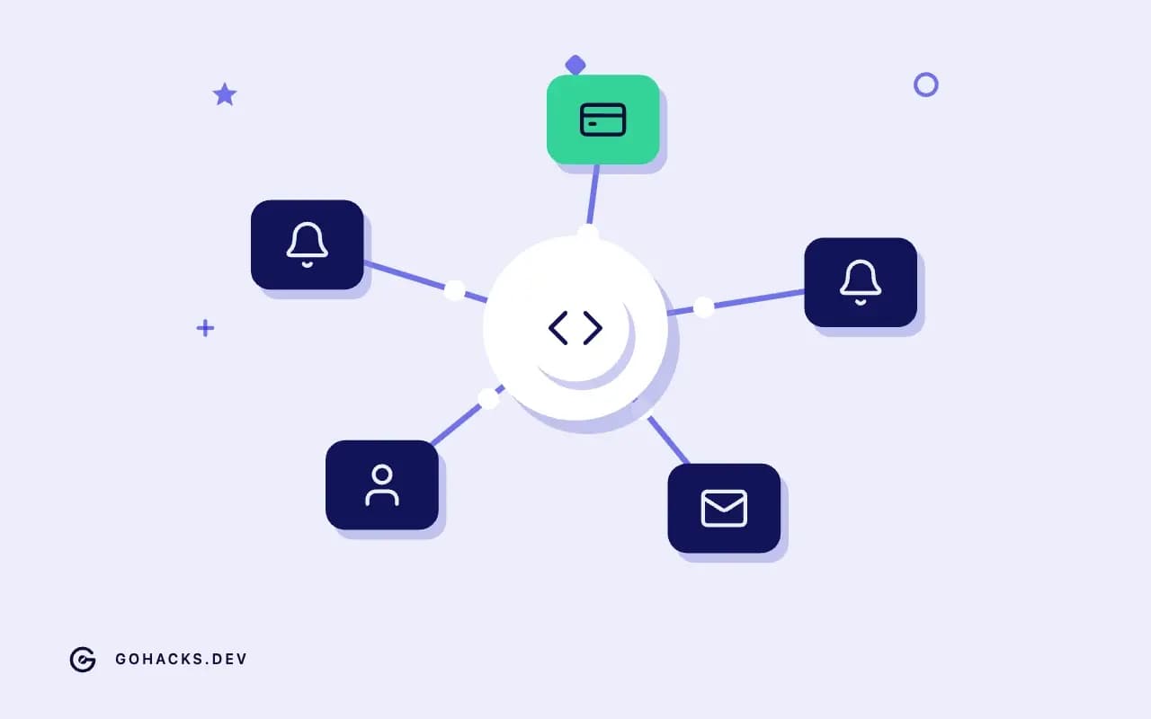 Flat illustration of a gateway connected to a ring of services.