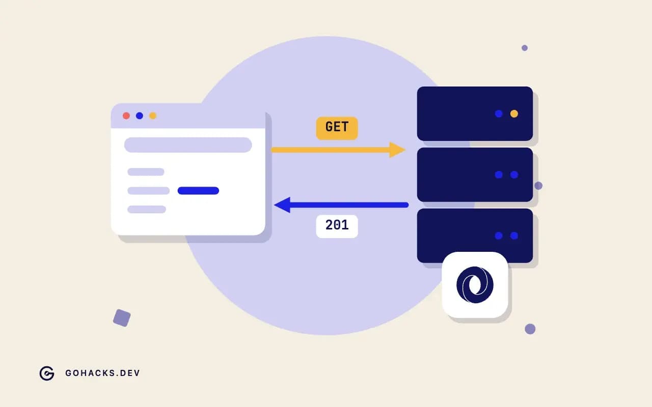 Flat illustration of a browser and a server trading a request and a response, with the JSON logo.