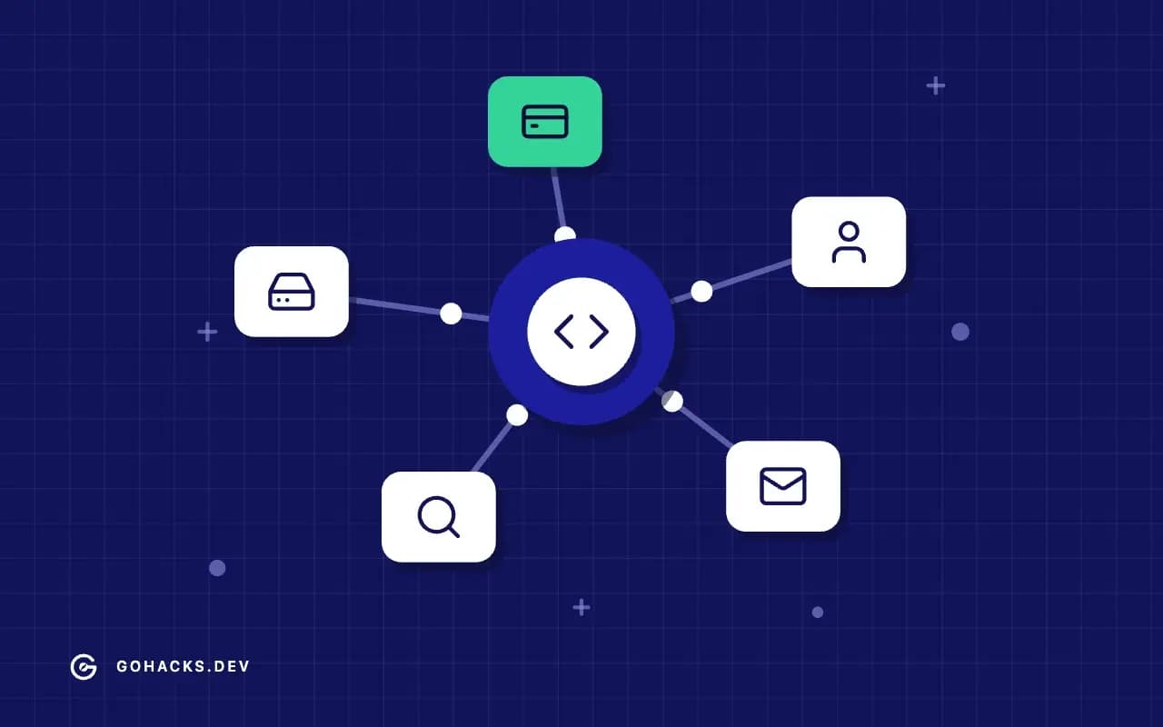 Flat illustration of a gateway connected to a ring of services.