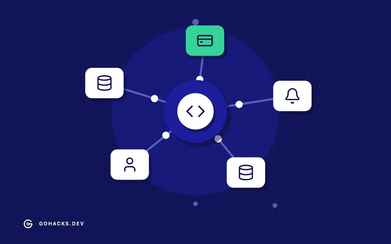 Flat illustration of a gateway connected to a ring of services.