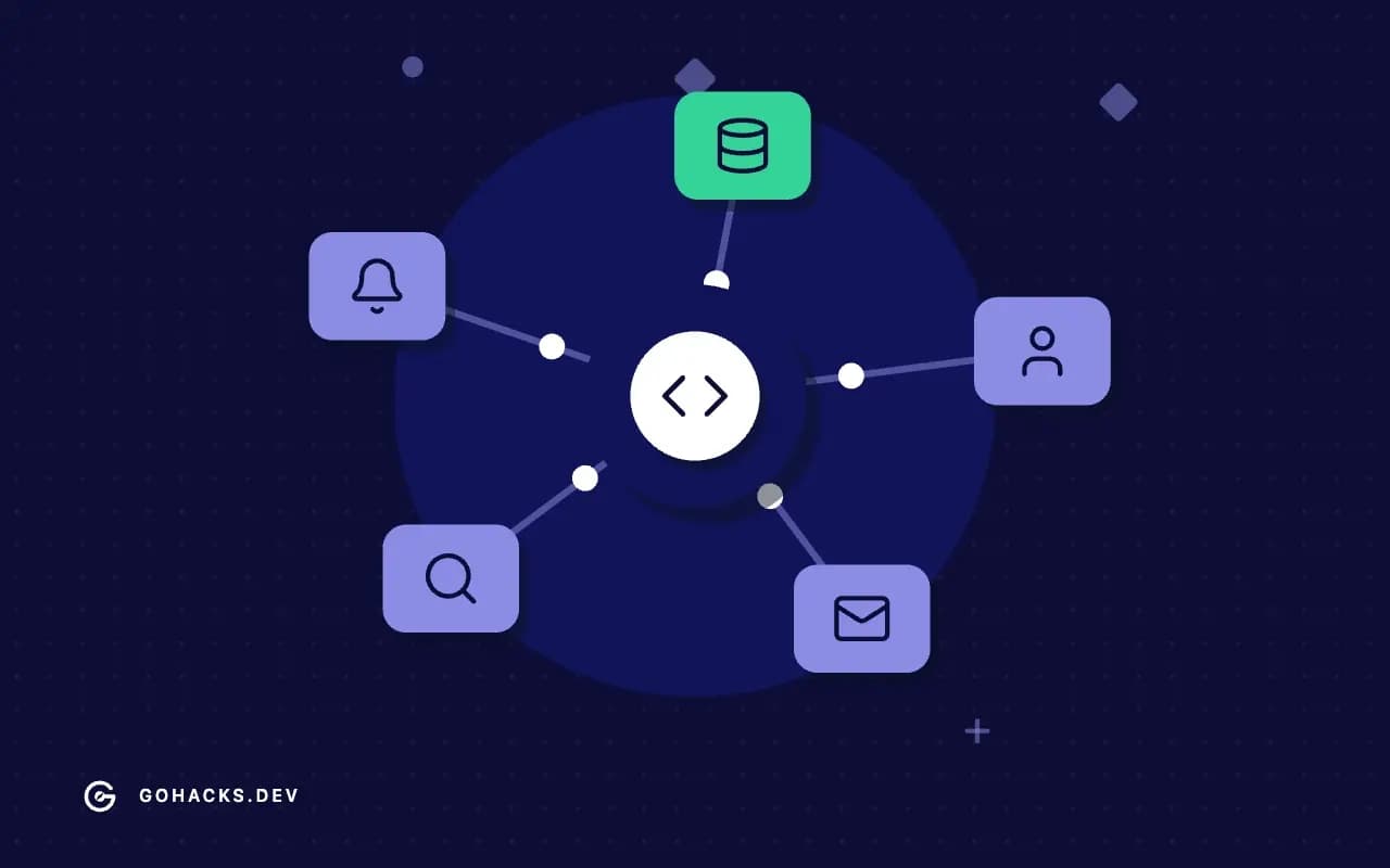 Flat illustration of a gateway connected to a ring of services.