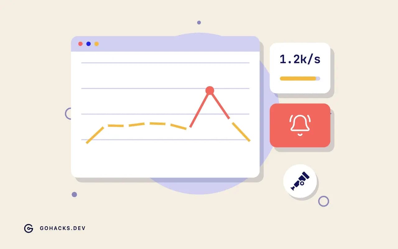Flat illustration of a metrics dashboard with a spike in the graph and an alert, with the OpenTelemetry logo.