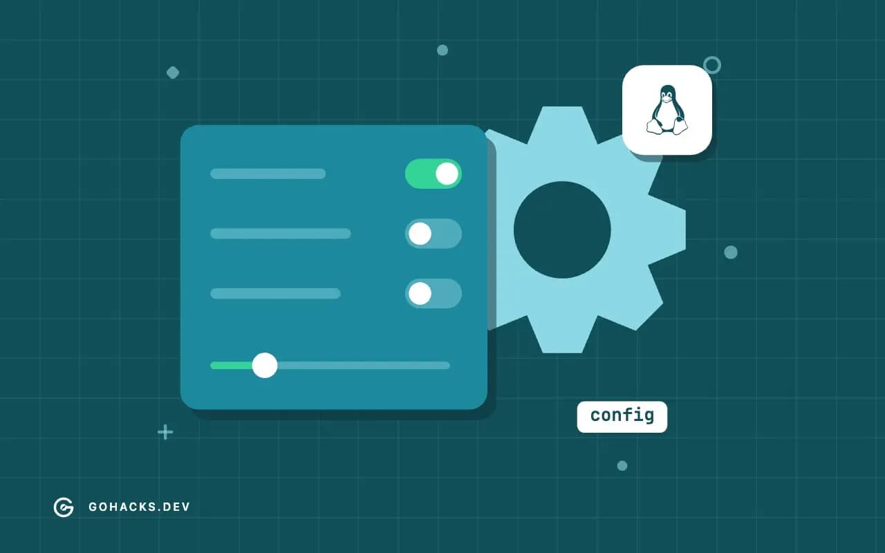Flat illustration of settings switches, a slider and a gear, with the Linux logo.