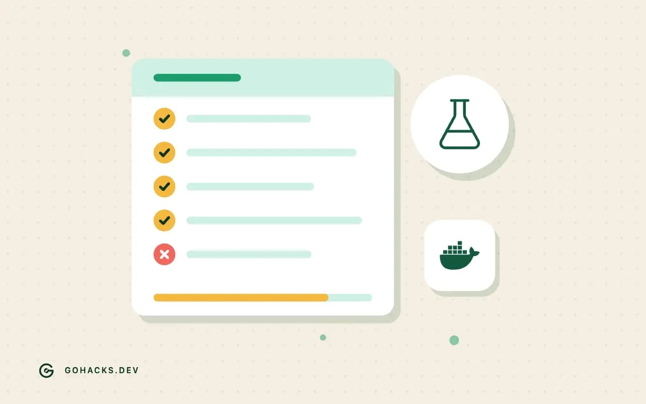Flat illustration of a test report with one failing test, with the Docker logo.