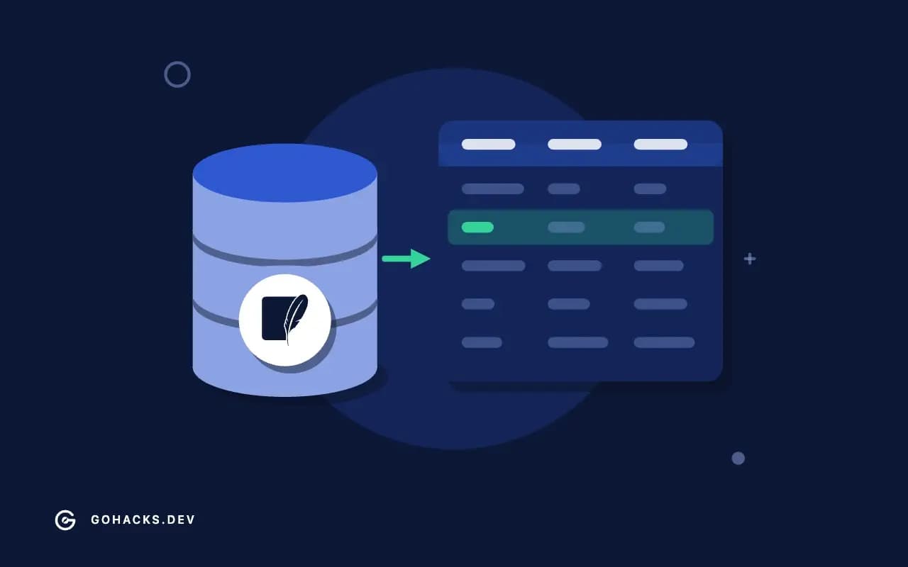 Flat illustration of a database beside the table it holds, with the SQLite logo.