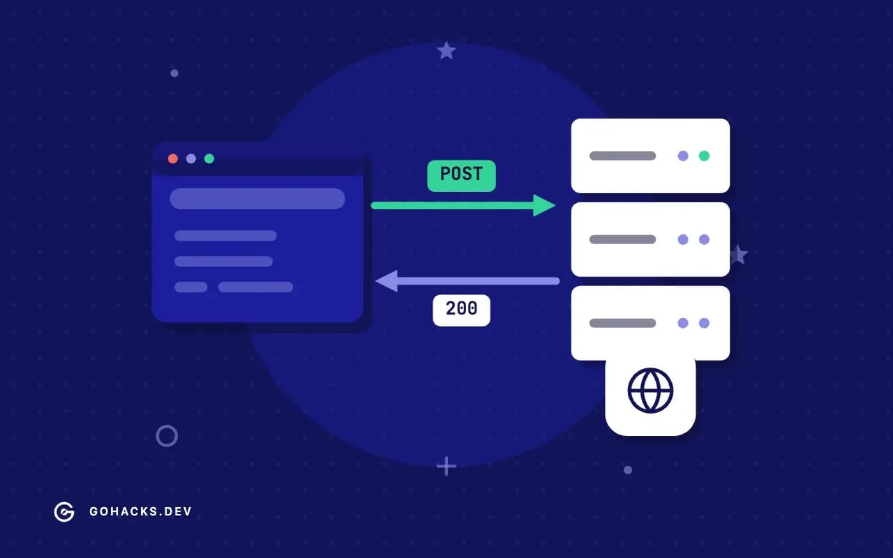 Flat illustration of a browser and a server trading a request and a response.