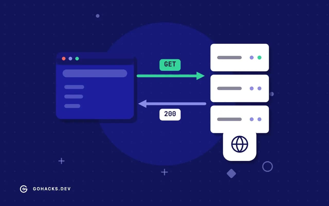 Flat illustration of a browser and a server trading a request and a response.
