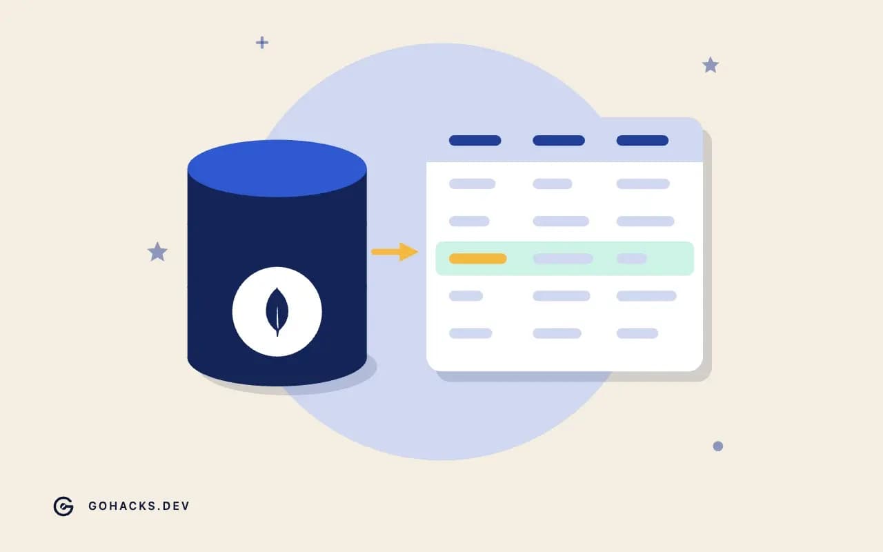 Flat illustration of a database beside the table it holds, with the MongoDB logo.