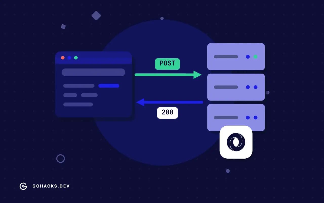 Flat illustration of a browser and a server trading a request and a response, with the JSON logo.