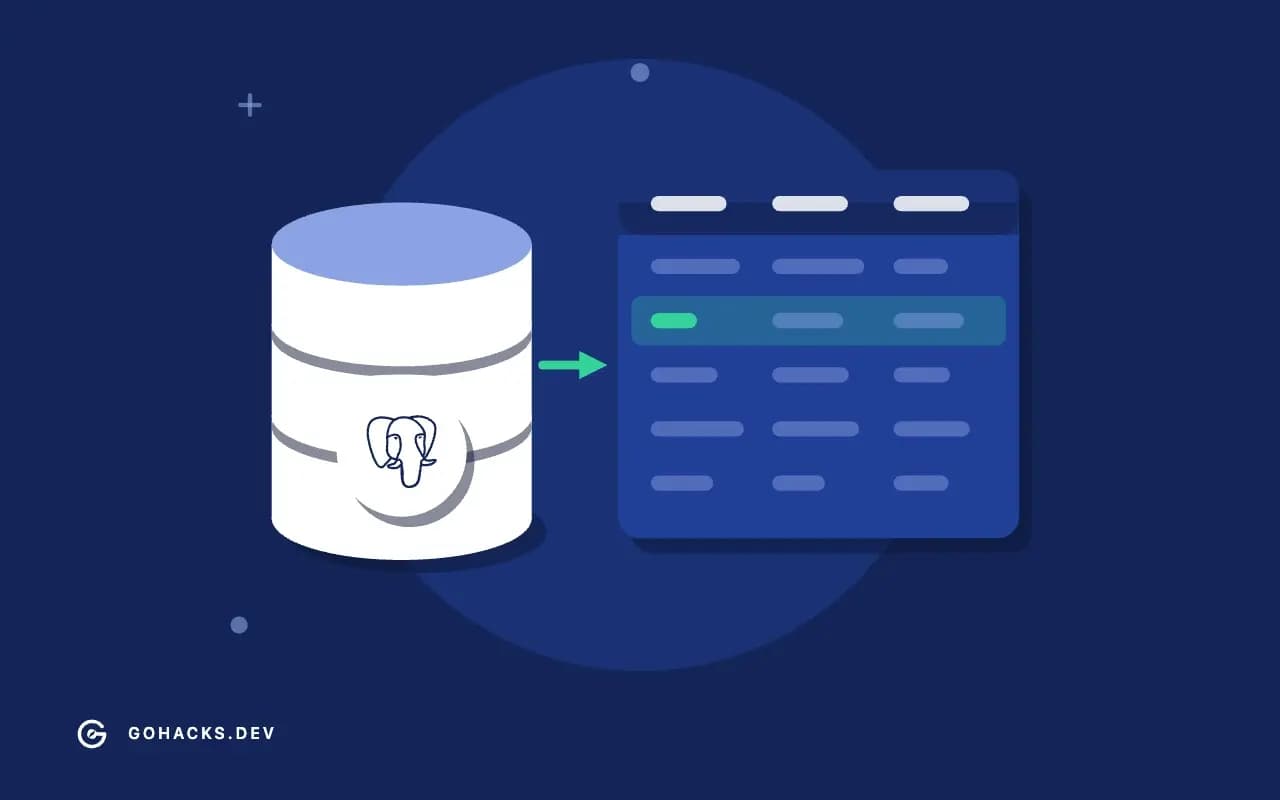 Flat illustration of a database beside the table it holds, with the PostgreSQL logo.
