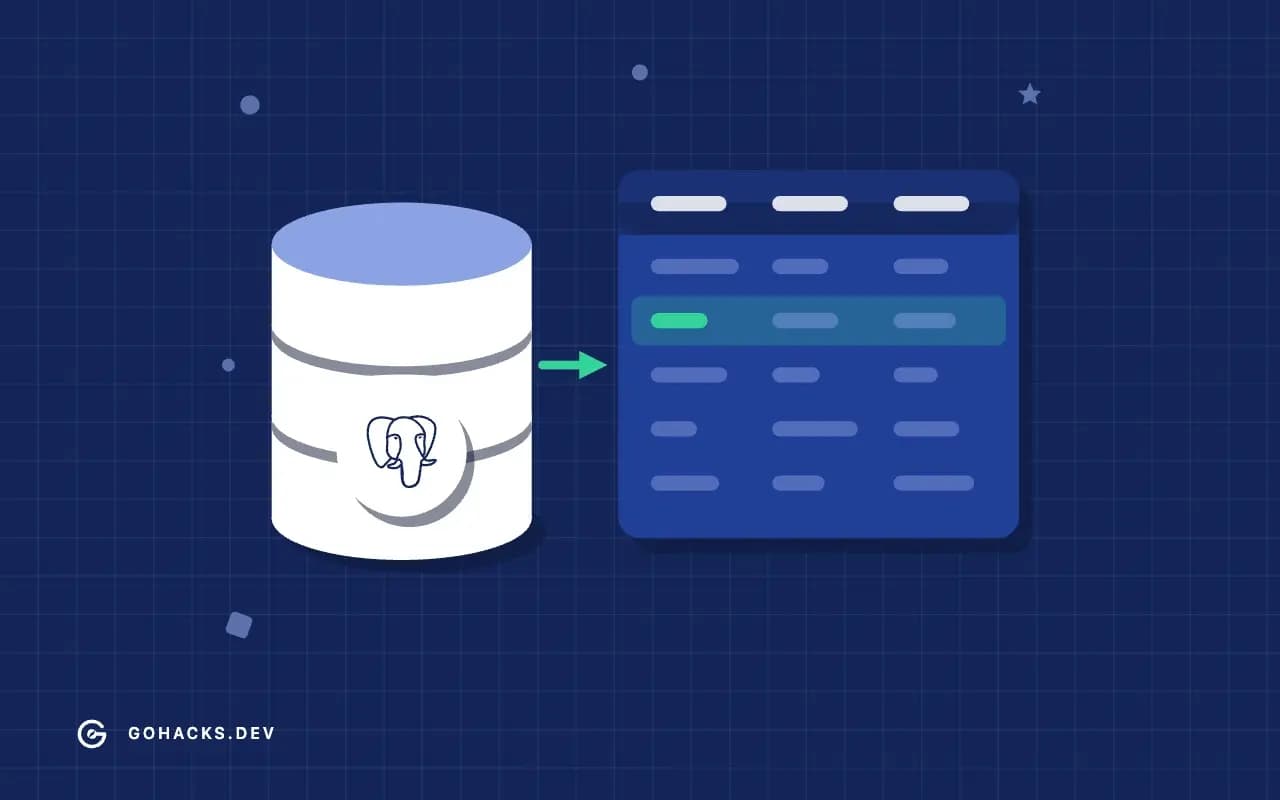Flat illustration of a database beside the table it holds, with the PostgreSQL logo.