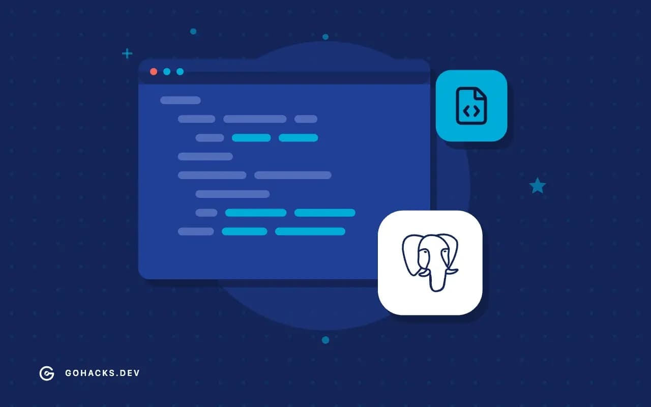 Flat illustration of an editor window full of code, with the PostgreSQL logo.
