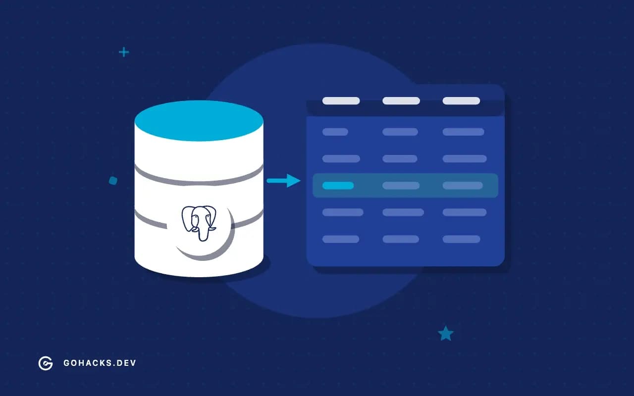 Flat illustration of a database beside the table it holds, with the PostgreSQL logo.