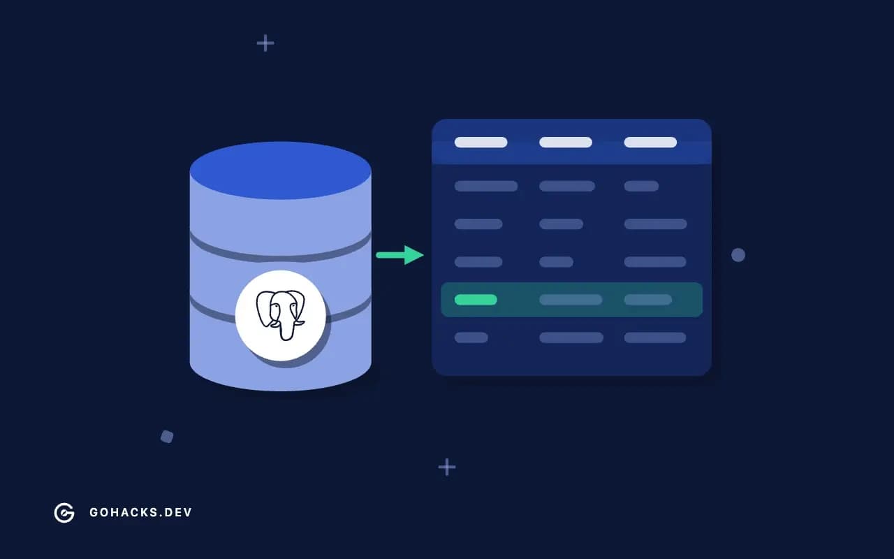 Flat illustration of a database beside the table it holds, with the PostgreSQL logo.