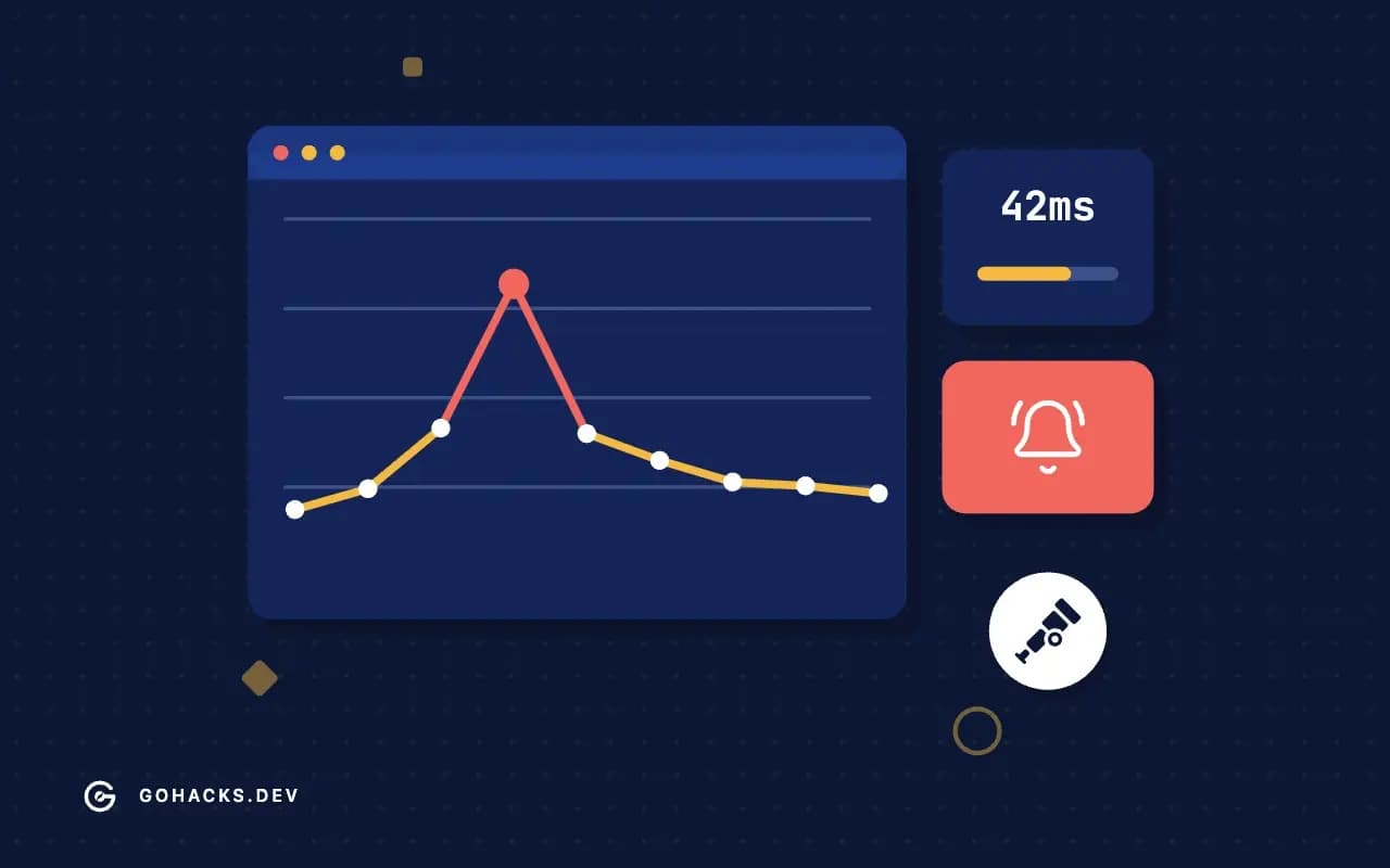 Flat illustration of a metrics dashboard with a spike in the graph and an alert, with the OpenTelemetry logo.