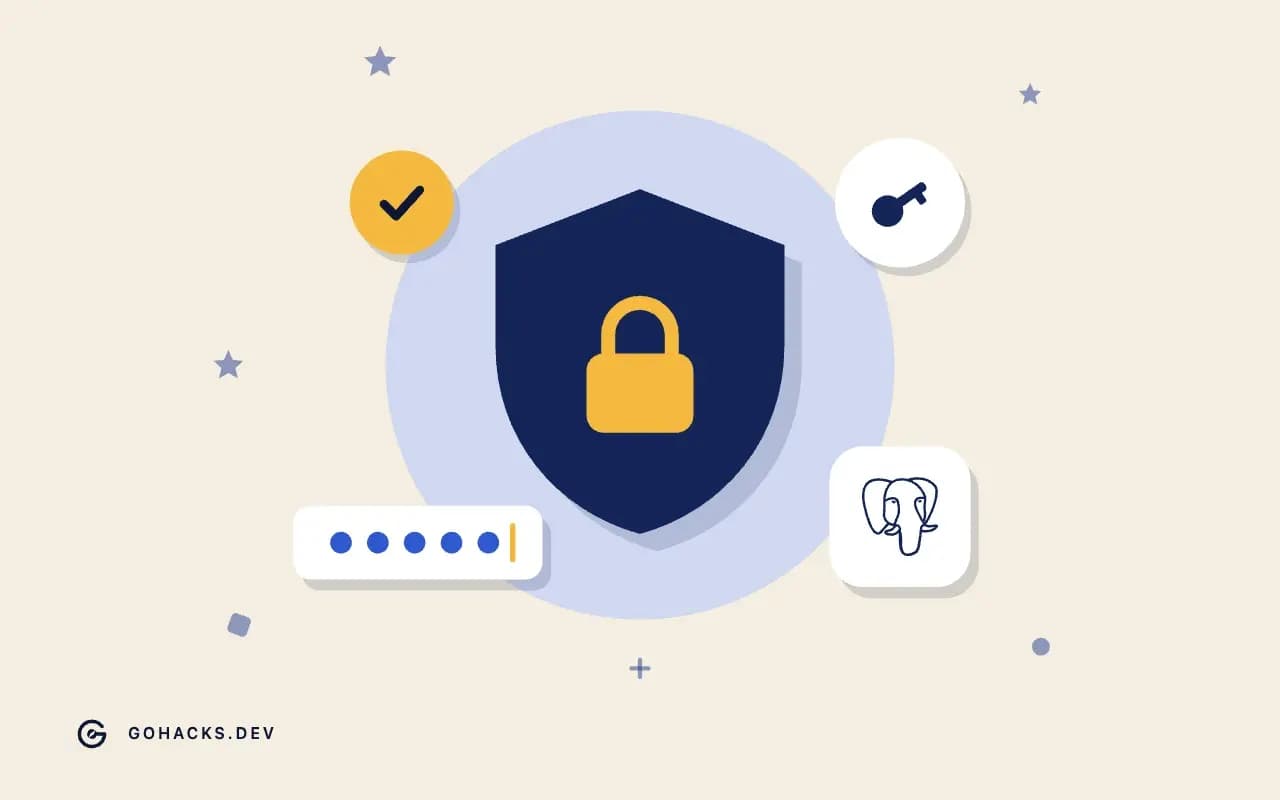 Flat illustration of a shield with a lock, a key and a password field, with the PostgreSQL logo.